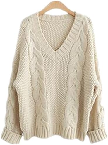 Season Show Womens Winter V-neck Thick Plus Size Loose Knitted Pullover Sweater Cream L