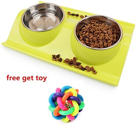Anti-overflow Cute Stainless Steel Dogs Cats Food Feeder Bowls Set (green)