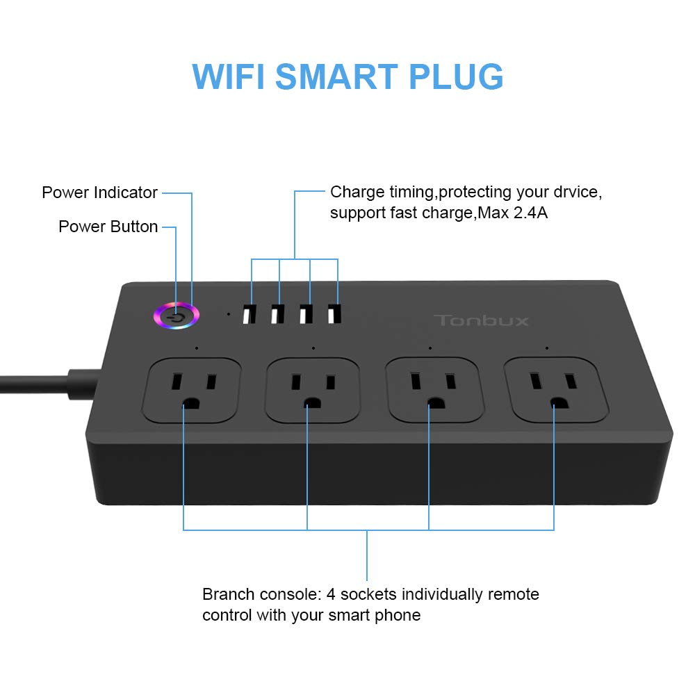 WiFi Smart Power Strip Surge Protector 1700 Joule with Switch 4 Outlets 4 Charge USB Ports and 5-Foot Extension Cord, App Control Your Devices from Anywhere Anytime (Black)