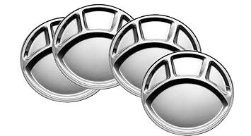 Tulsi Stainless Steel Four Compartment Round Dinner Plate, 32cm (Silver) -Pack of 4
