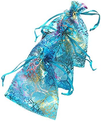Boomerre 100pcs Coralline Pattern Gauze Drawstring Pouches Jewelry Party Wedding Favor Gift Bags Blue (2.76" x 3.54")