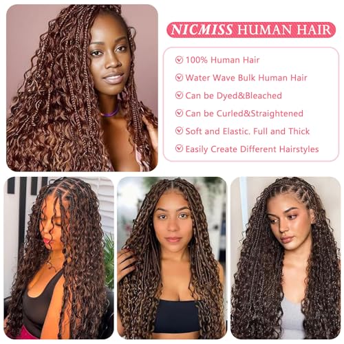 Human Braiding Hair 2 Bundle Water Wave Human Hair for Boho Braids Chocolate Brown Brazilian Virgin Curly Human Hair for Knotless Braids No Weft Boho Knotless Braids Bulk (22inch/100g)