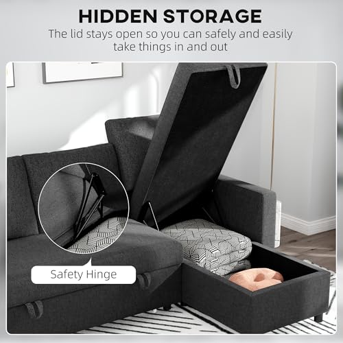 HOMCOM Convertible Corner Sofa Bed, 83" Pull Out Sleeper Sofa with Chaise Storage, L-Shaped Sectional Futon Couch with 3 Removable Back Cushions for Living Room, Apartment, Black