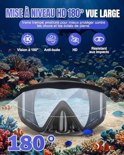 Hingue Diving Mask with 180° Panoramic Vision, Anti-Fog and Anti-Leak Adult Snorkel Mask with HD Tempered Glass, Adjustable Snorkeling Snorkel for Swimming, Diving and Snorkeling