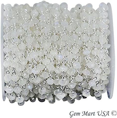 10 Feet Beautiful Rainbow Moonstone,3-3.5mm Sterling Silver Wire Wrapped Rosary Chain (SPRM-30002)