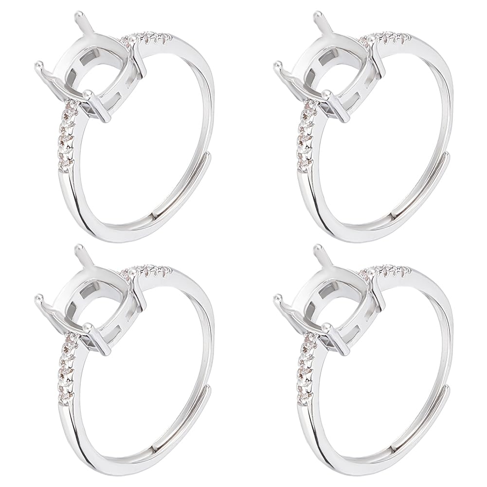 Beebeecraft 1 Box of 4pcs Sterling Silver Plated Claw Ring Holders with Cubic Zirconia Adjustable Four Prong Ring Components for Jewelry Making