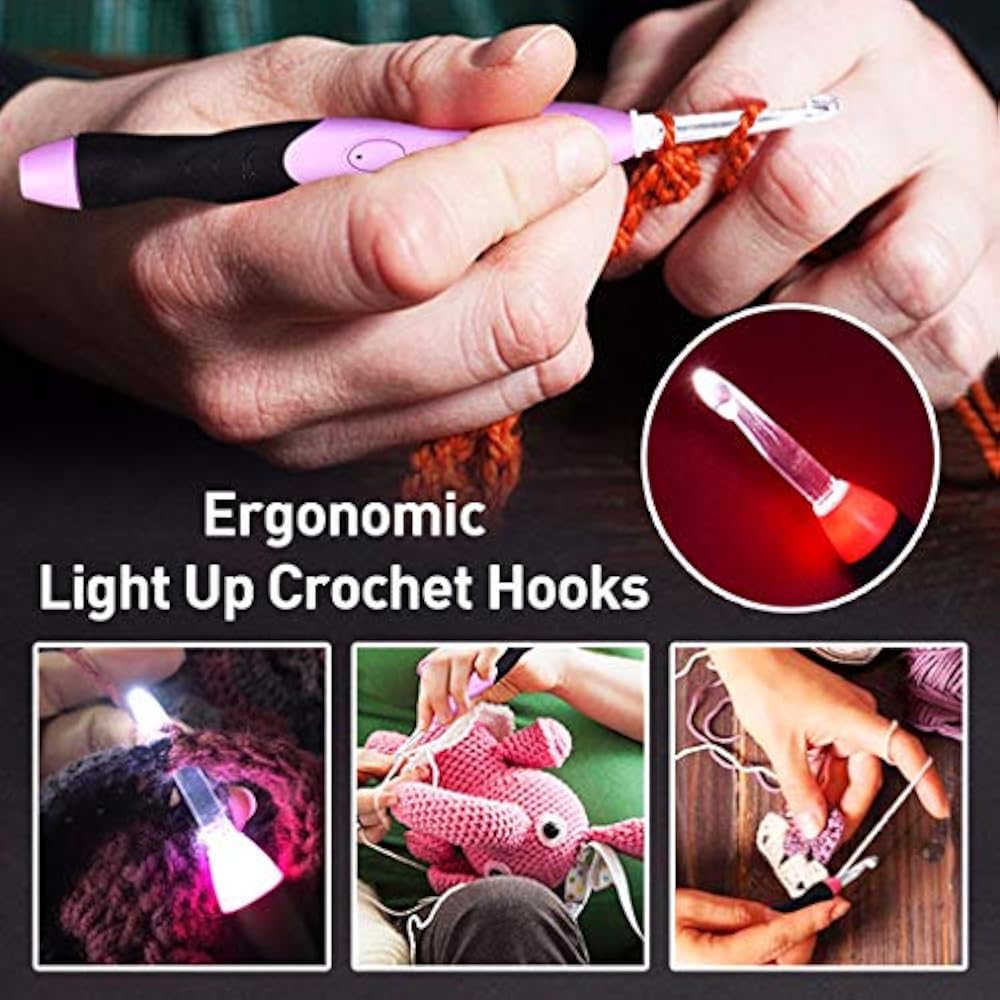 Led Crochet Hook Set 9 Interchangeable Hooks With Case And Sewing Kit
