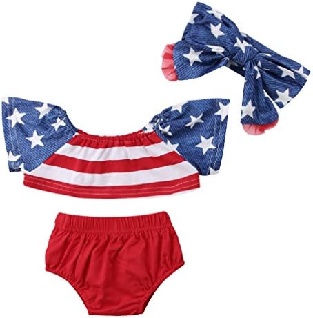 Specialcal 4th of July Newborn Baby Boys Girls American Flag Off Shoulder Tube Top + Shorts Pants +Headbands (18-24 Months, us Flag)