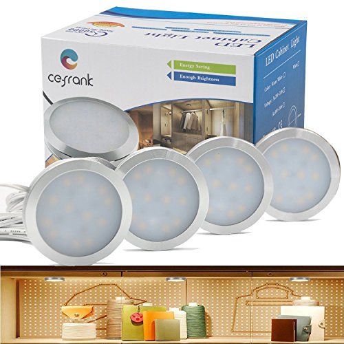Dimmable Puck Lighting - 8W Warm White Kitchen Under Cabinet Lighting - LED Counter Deluxe Kit w/Rotary Dimmer Switch - Continuous Dimming (Warm White, 4 Pack)