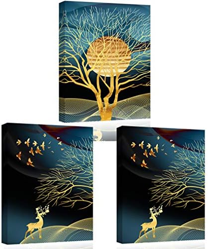 Piy Painting 3 Pieces Modern Canvas Painting Wall Art For Home Decoration Golden Elk runs freely under the big Tree Print On Canvas Animal Photo For Wall Decor Living Room Bedroom Home 30x40cm