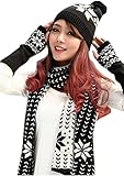 Women's 3 Piece Winter Set-Snowflake Pompom Beanie, Arm Warmers,Reversible Scarf