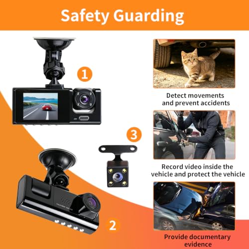 Angulo Ultraamplio 170° 3 Cameras 1080P Car Dashcam, Night Vision IR G-Sensor, 24H Parking Mode, Built-in WiFi Loop Recording, Ideal for VTC Driver and Car Security