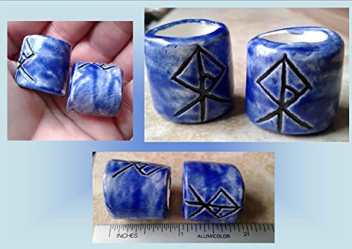Set 2 Viking Warrior Rune Macrame Beads Large Hole Blue Ceramic Elder Futhark Norse Viking Beads Dreads