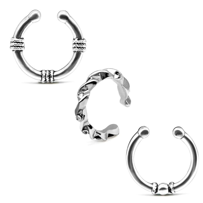 FECTAS 3stk Silber Fake Septum Nasenring Ohrklemme Edelstahl Nasenpiercing Ohrclips Kein Piercing
