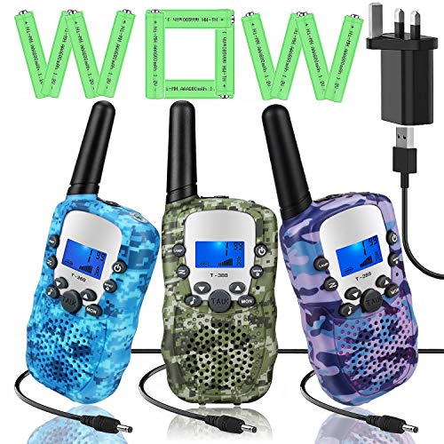 Topsung 3 Walkie Talkie Rechargeable for Kids Two Way Radios Long Range with Charger Batteries, Upgraded Version Portable Walky Talky for Camping (Camo Purple Green Blue)