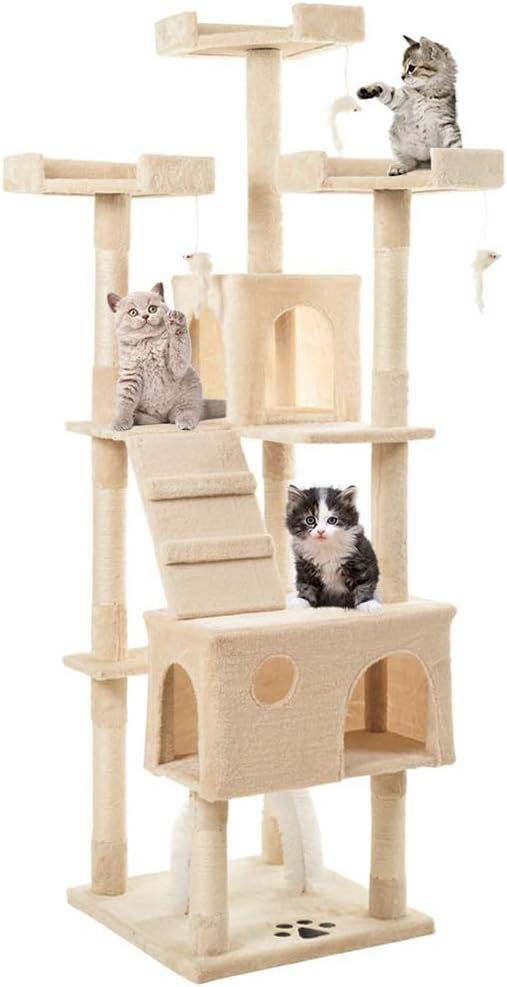 Cat Activity Center, 3-Tier Climbing Tower with Sisal Scratching Post Comfortable Wear-Resisting Plush Fabric Anti-Scratch Cat Kitten Tree Activity Centre House Home Cat Toys - Beige / 65*39*146CM