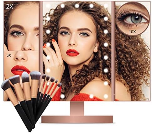 FASCINATE LED Makeup Mirror with 9 Pcs Makeup Brush Set 21 LED 1x/2x/3x/10x Magnifying Illuminated Vanity Mirror Lighted Tabletop Cosmetic Mirror 180° Rotation Light Up Touch Screen Countertop Mirror