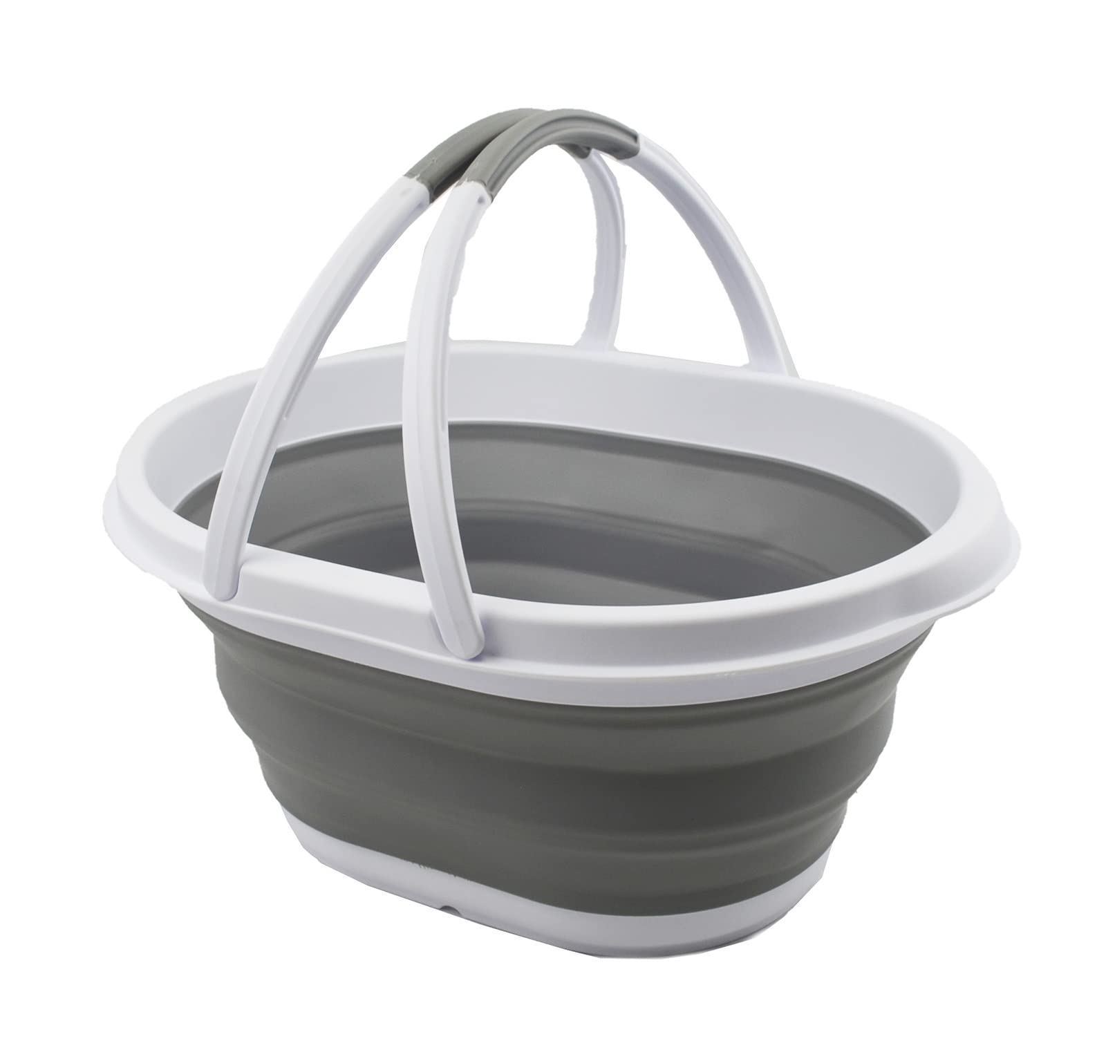 SAMMART 11L Collapsible Tub with Handle - Portable Outdoor Picnic Basket / Crater - Foldable Shopping Bag - Space Saving Storage Container (White/Grey, 1)
