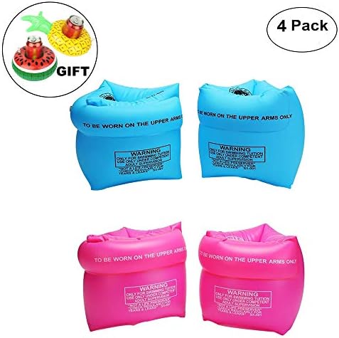 Furry Sunny PVC Arm Floaties Inflatable Swim Arm Bands Floater Sleeves Swimming Rings Tube Armlets for Kids Toddlers and Adults Pack of 4 with Drink Holder(Pink and Blue)
