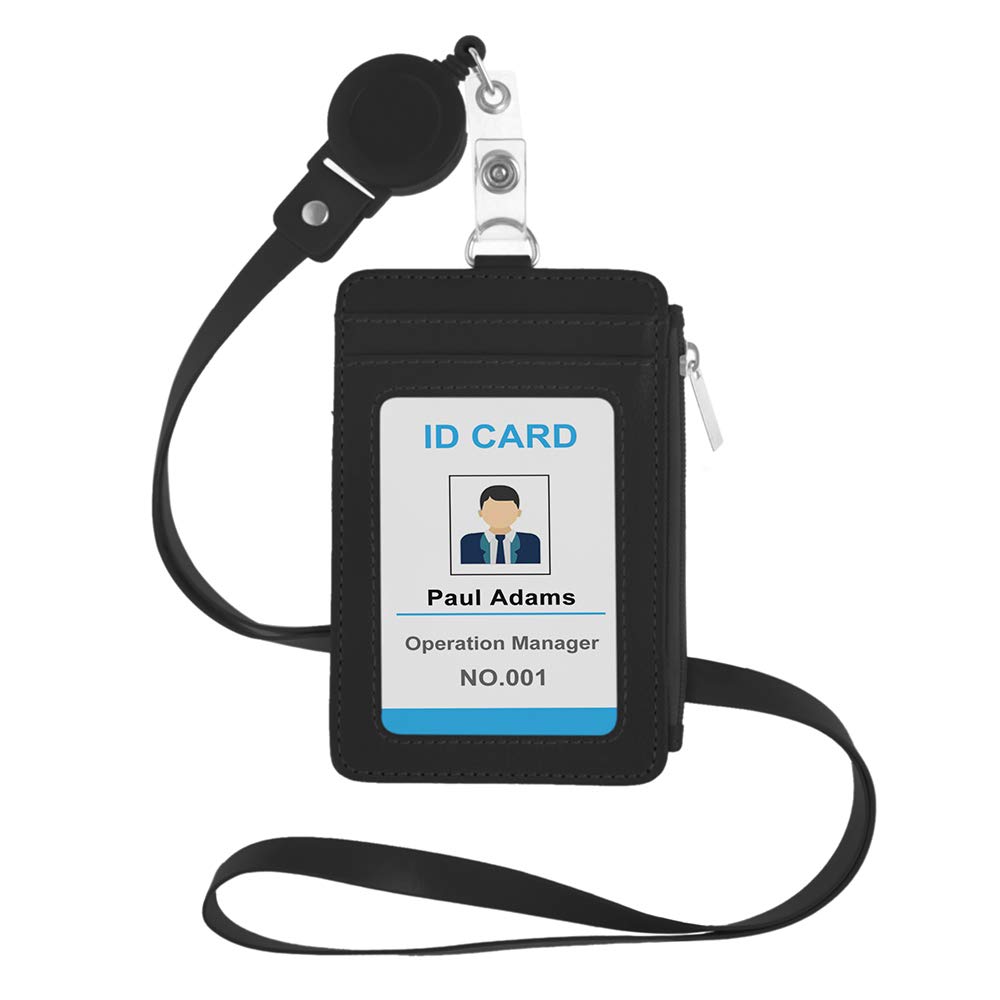 GOGO PU Leather Badge Holder Name Tag ID Card Holder Wallet Case with Retractable Reel Neck Lanyard-Black
