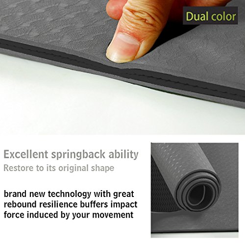FARLAND Non Slip Yoga Mat with Carrying Strap - Eco Friendly TPE Workout Mat Exercise Mat,Anti-tear Hot Pilates Fitness Yoga Mat in Home & Gym (Grey Black)