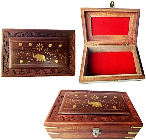 Wooden Keepsake Storage Box 8" wide Jewelry Trinket Holder / Floral Hand Carvings / Brass Inlay