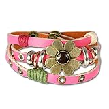 SilberDream leather bracelet pink with rivets and a flower for female, teens and girls genuine leather LA2913P