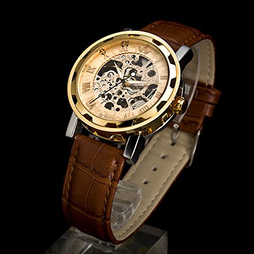 Sewor Men\'s Teampunk Trasparent Skeleton Analog Leather Mechanical Wrist Watch (Gold)