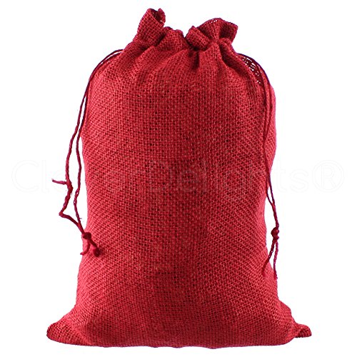 25 Pack - CleverDelights 10" x 14" Red Burlap Bags with Natural Jute Drawstring - Christmas Present Holiday Décor Rustic Party Favor Pouch Bags