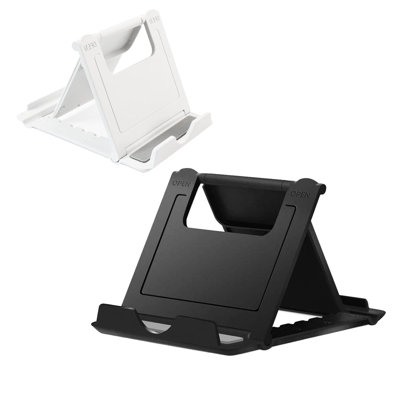 Photo 1 of Kemoxan 2 Pack Portable Cell Phone Stand Holder for Desk, Foldable Pocket-Sized Mount, Universal Adjustable Desktop Mobile Phone Kickstand Compatible with iPhone IPads Kindle Android Black & White