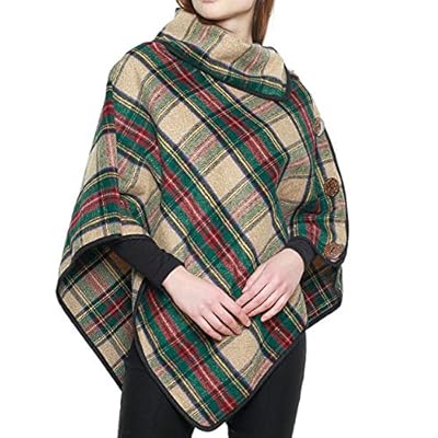 APPARELISM Women's Plaid Turtle Neck Collar Pullover Cape Ruana Top with Button Buckle. APPARELISM Women's Plaid Turtle Neck Collar Pullover Cape Ruana Top with Button Buckle.