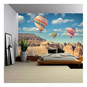 Vintage Photo of Hot Air Balloon Flying Over Rock Landscape at Cappadocia Turkey - Removable Wall Mural | Self-Adhesive Large Wallpaper - 66x96 inches