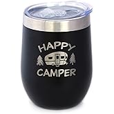 Happy Camper Wine Tumbler with Sliding Lid - Stemless Stainless Steel Insulated Cup - Cute Outdoor Camping Mug - Black