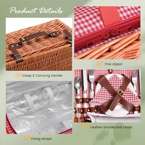 4 Person Picnic Basket, Wicker Picnic Set with Insulated Bag, Waterproof Picnic Blanket and Cutlery Set, Picnic Basket for Camping, Pink