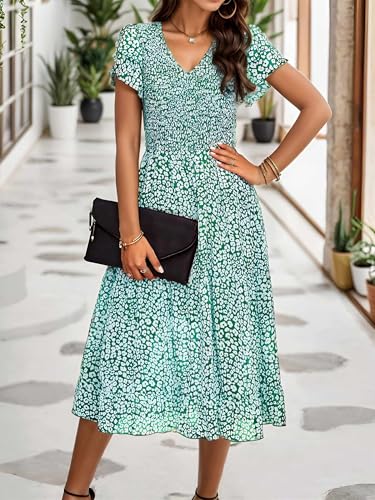 Am Direct Women Elegant Floral Casual Summer Midi Dress V Neck Ruffle Sleeve High Waist Layered Hem Bohe Wedding Guest Dress