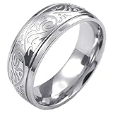 KONOV Mens Stainless Steel Ring, Engraved Florentine Design Charm 8mm Band, Silver