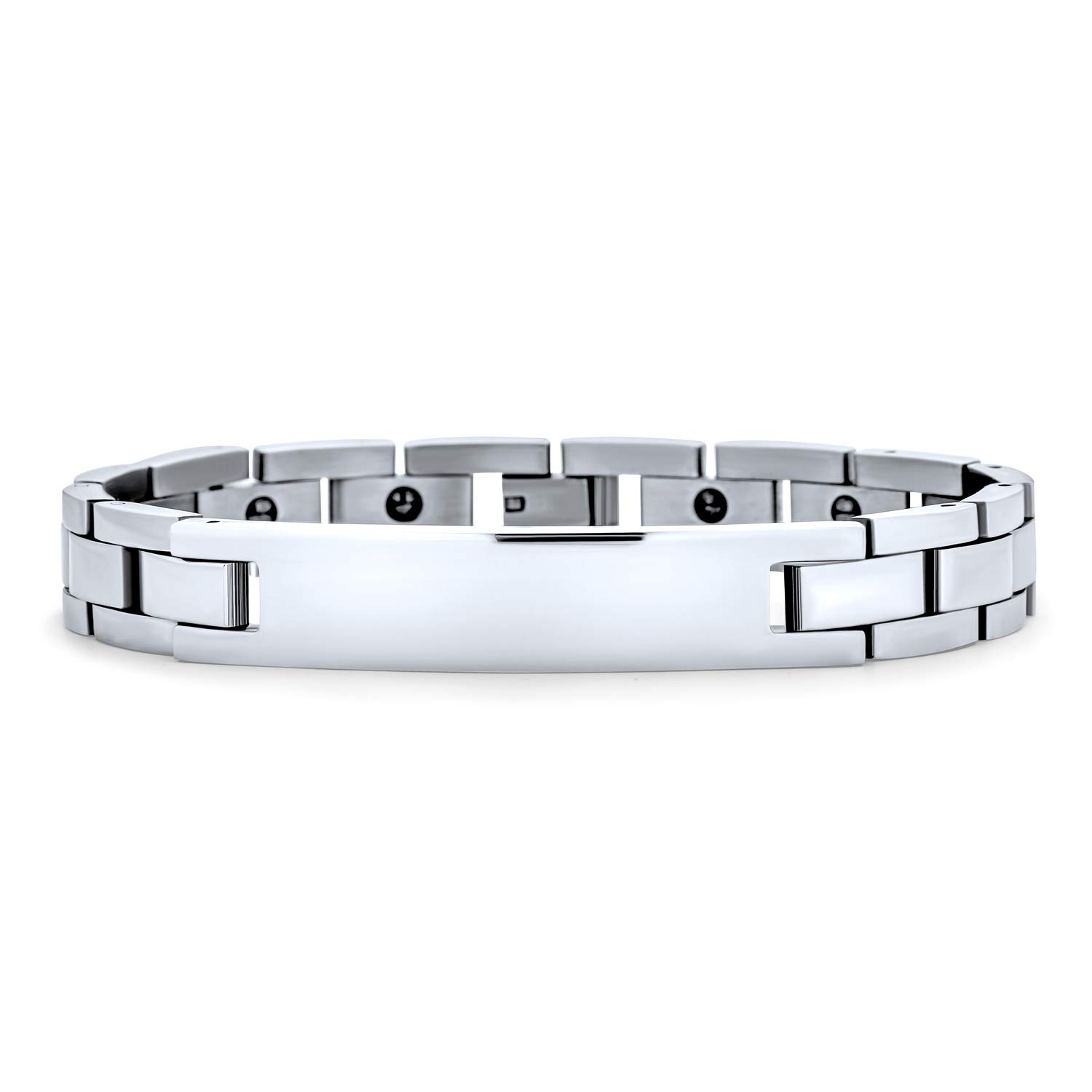 Bling Jewelry Customizable Silver Tone Stainless Steel Watchband Identification ID Bracelet for Men Personalized Name Tag Curb 8.5 Inch