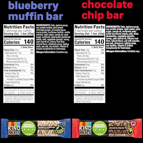 KIND KIDS SCHOOL FRIENDLY BLUEBERRY MUFFIN AND CHOCOLATE CHIP OAT BARS VARIETY PACK, TREE NUT AND PEANUT FREE, GLUTEN FREE, MADE WITH WHOLE GRAIN OATS, 5G PROTEIN, 10 COUNT