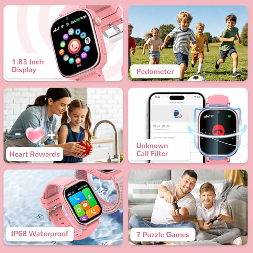 4G Smart Watch Children with GPS and Video Calling, Smartwatch Children with Calls, Voice Chat, SOS, School Mode, IP68 Waterproof, Pedometer, Alarm Clock, Camera, Gift Girls and Boys 4-15, Pink