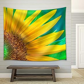 Closeup Sunflower on Green Leaf Background - Fabric Wall Tapestry Home Decor - 51x60 inches