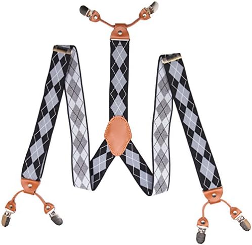 Mens Suspenders Big and Tall Black Grey Square Check Patterned Straps Adjustable Elastic Shirt Suspender Braces with Clips