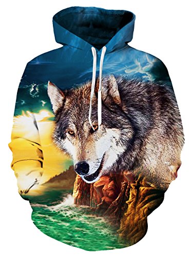 RAISEVERN 3d Cool Wolf Design Pullover Hoodie Sweatshirt for Women Men Hipster, Wolf, X-Large