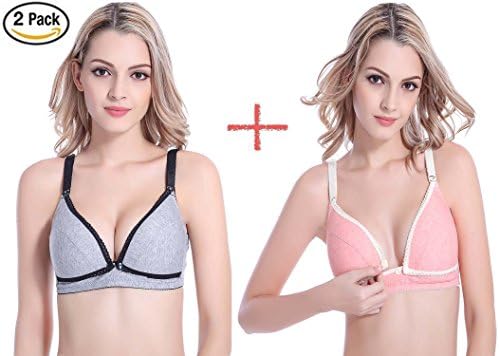 Vemure Cotton Maternity Nursing Sleep Bra for Breastfeeding Wireless Soft Cup Front Button Clip Down Bras(2 Pack/Grey+Red,L)