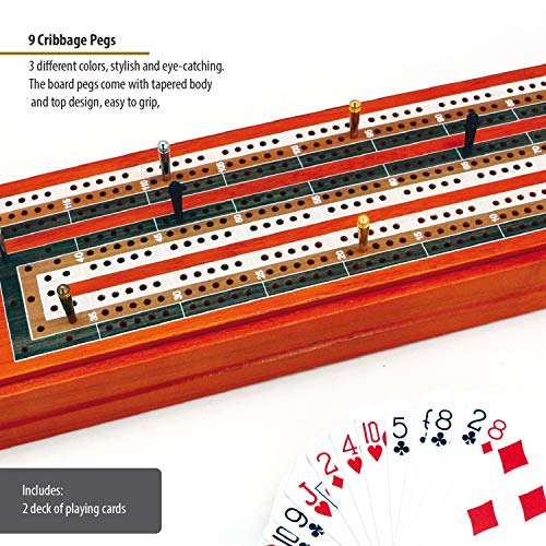 Offelec 15 Inch Wooden Cribbage Board Game Set – 3-Track, Storage For Cards & Pegs, Travel Friendly - View #2