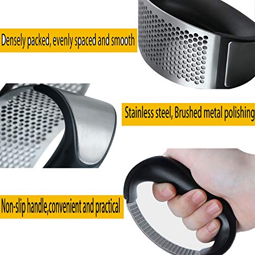 Convallaria Garlic Press + Silicone Garlic Peeler + Cleaning Brush, Stainless Steel Garlic Crusher Chopper Mincer Press Kitchen Gadget Tool with ABS Handle - Kitchen Gadgets Accessories