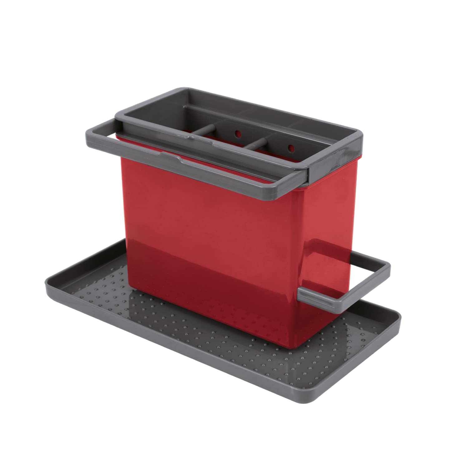 Metaltex Tidy-Tex Kitchen Sink Organiser - Storage Caddy and Tray for Kitchen Cleaning Essentials - Grey-Red, 24 x 13 x 14 Centimetres
