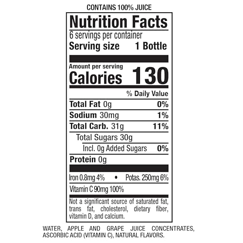 MOTT’S 100% APPLE WHITE GRAPE JUICE, 8 FL OZ BOTTLES, 24 COUNT (4 PACKS OF 6), NO ADDED SUGAR, EXCELLENT SOURCE OF VITAMIN C, 2 SERVINGS OF FRUIT PER BOTTLE, GLUTEN & CAFFEINE FREE, ON-THE-GO