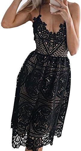 FineLook Womens Sexy Spaghetti Strap Backless Crisscross Lace Crochet Hollow Out Slip Dress (Black, XL)