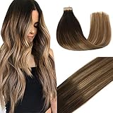GOO GOO Tape in Hair Extensions Ombre Dark Brown to Light Brown and Ash Blonde Remy Human Hair Extensions Tape in Natural Hair Straight 50g 20pcs 16inch