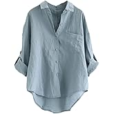 Minibee Women's Linen Blouse High Low Shirt Roll-Up Sleeve Tops